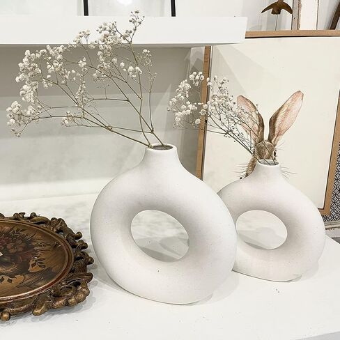 مزهريات السيراميك Hyindoor مجموعة من 2 - مزهريات زهرة مجوفة بيضاء لديكور المنزل، نمط الحد الأدنى الشمال المزهريات العصرية بوهو لحفلات الزفاف عشاء طاولة حفلة معيشة مكتب غرفة نوم، هدية ديكور in Kuwait