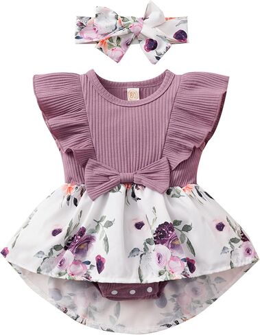 Tinypainter الوليد طفلة ملابس الرضع زهرة رومبير أكمام بذلة القوس الكبير ملابس الصيف 0-18 أشهر in Kuwait