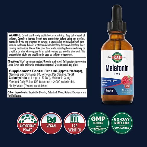 KAL Melatonin 3mg DropIns, Fast Acting Sleep Aid, Melatonin Drops for Calming Relaxation and Healthy Sleep Cycle Support, Natural Raspberry Flavor, 60 Day Guarantee, Approx. 88 Servings, 3 fl oz in Saudi Arabia