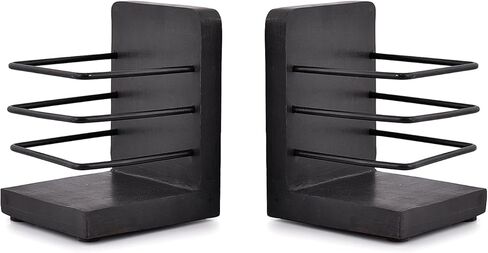 حديد سامهيتا المزخرف باللون الأسود وخشب السنط للأرفف، أرفف كتب بتصميم هندسي فريد من نوعه لتزيين المنزل (مجموعة من 2)، (4 بوصة × 4 بوصة × 5 بوصة) in Kuwait