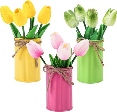 Omldggr 12 قطعة من زهور التوليب الاصطناعية مع وعاء معدني، 3 عبوات ملونة لتزيين الطاولة من زهور التوليب الاصطناعية في وعاء لطاولة المنزل والمكتب، وتزيين حفلات الربيع in Kuwait