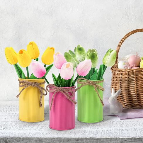 Omldggr 12 قطعة من زهور التوليب الاصطناعية مع وعاء معدني، 3 عبوات ملونة لتزيين الطاولة من زهور التوليب الاصطناعية في وعاء لطاولة المنزل والمكتب، وتزيين حفلات الربيع in Kuwait