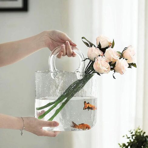 مزهرية زجاجية شفافة بتصميم محفظة انيقة من بيرويال، مزهرية زهور على شكل شنطة يد مع وعاء سمكة، مزهرية زجاجية شفافة لديكور المنزل والاحتفالات والمكتب والهدايا والمقاهي (مزهرية واحدة فقط) in Kuwait