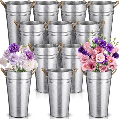 Bokon 12 Pcs 12 Inch Flower Buckets Bulk Galvanized Large Metal Vase for Cut Flowers with Handles Planter French Valentine's Day Table Decor Centerpiece Farmhouse Florist Rustic Pails for Wedding Home in Saudi Arabia