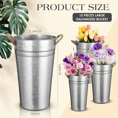 Bokon 12 Pcs 12 Inch Flower Buckets Bulk Galvanized Large Metal Vase for Cut Flowers with Handles Planter French Valentine's Day Table Decor Centerpiece Farmhouse Florist Rustic Pails for Wedding Home in Saudi Arabia