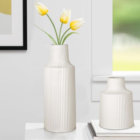 Ceramic Flower Vases, Set of 2 White Ribbed Vase for Flower Home Decor Minimalist Tall Vases for Table Centerpieces Mantel Bookshelf (11.2in+6.7in) in Kuwait