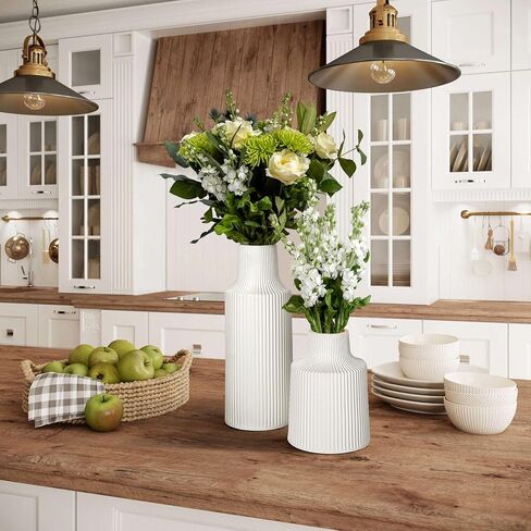 Ceramic Flower Vases, Set of 2 White Ribbed Vase for Flower Home Decor Minimalist Tall Vases for Table Centerpieces Mantel Bookshelf (11.2in+6.7in) in Kuwait