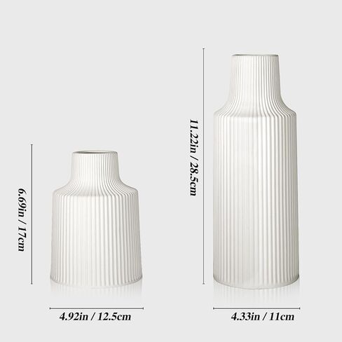 Ceramic Flower Vases, Set of 2 White Ribbed Vase for Flower Home Decor Minimalist Tall Vases for Table Centerpieces Mantel Bookshelf (11.2in+6.7in) in Kuwait