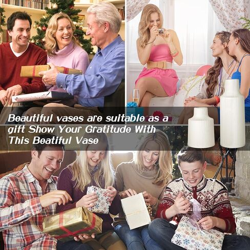 Ceramic Flower Vases, Set of 2 White Ribbed Vase for Flower Home Decor Minimalist Tall Vases for Table Centerpieces Mantel Bookshelf (11.2in+6.7in) in Kuwait