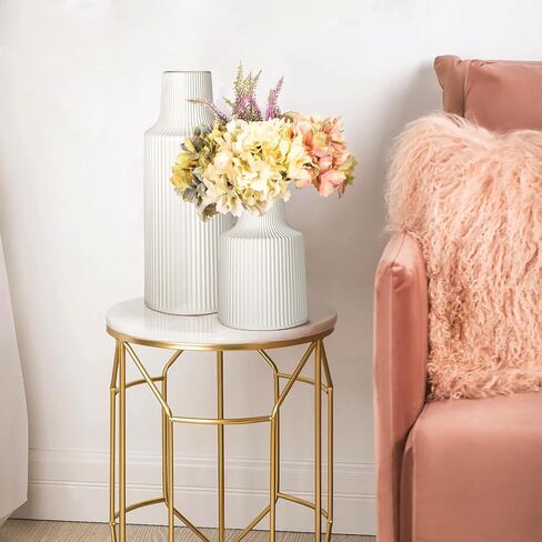 Ceramic Flower Vases, Set of 2 White Ribbed Vase for Flower Home Decor Minimalist Tall Vases for Table Centerpieces Mantel Bookshelf (11.2in+6.7in) in Kuwait