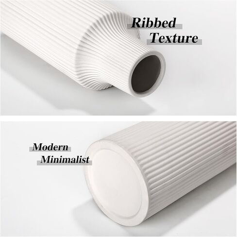 Ceramic Flower Vases, Set of 2 White Ribbed Vase for Flower Home Decor Minimalist Tall Vases for Table Centerpieces Mantel Bookshelf (11.2in+6.7in) in Kuwait