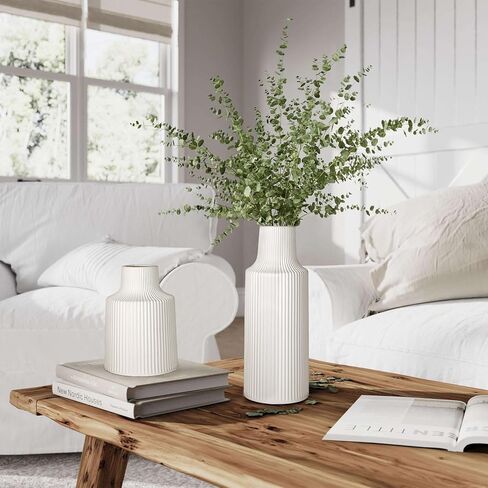 Ceramic Flower Vases, Set of 2 White Ribbed Vase for Flower Home Decor Minimalist Tall Vases for Table Centerpieces Mantel Bookshelf (11.2in+6.7in) in Kuwait