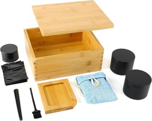 مجموعة صندوق وصينية من الخيزران من Donghome، صندوق تخزين مزخرف - يتضمن علبتين من الصفيح مع أغطية وجميع الملحقات - أفضل هدية للأب والزوج in Kuwait