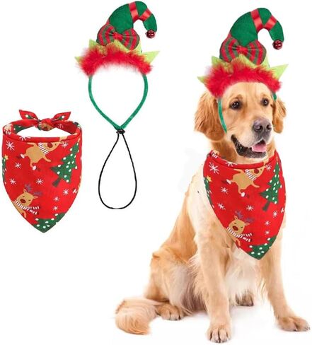 شريط رأس قزم للحيوانات الاليفة من انياك، اكسسوارات زي قزم الكلاب والجراء والكريسماس والعطلة، مجموعة ملابس راس ووشاح للكلاب الصغيرة والمتوسطة والكبيرة in Kuwait