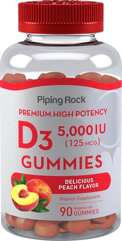 بايبينج روك فيتامين د3 5000 وحدة دولية | 90 علكة | نكهة الخوخ | مكمل عالي الفعالية | نباتي، غير معدّل وراثيًا، خالي من الغلوتين in Kuwait