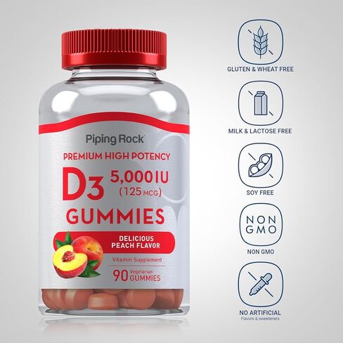 بايبينج روك فيتامين د3 5000 وحدة دولية | 90 علكة | نكهة الخوخ | مكمل عالي الفعالية | نباتي، غير معدّل وراثيًا، خالي من الغلوتين in Kuwait
