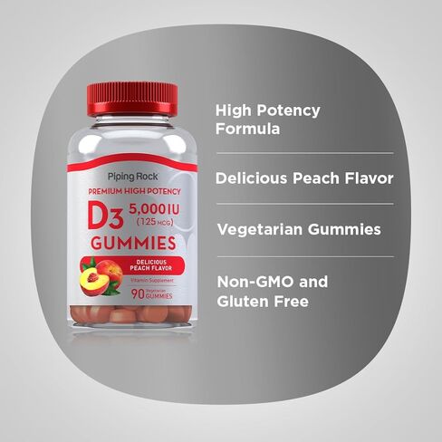 بايبينج روك فيتامين د3 5000 وحدة دولية | 90 علكة | نكهة الخوخ | مكمل عالي الفعالية | نباتي، غير معدّل وراثيًا، خالي من الغلوتين in Kuwait