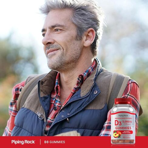 بايبينج روك فيتامين د3 5000 وحدة دولية | 90 علكة | نكهة الخوخ | مكمل عالي الفعالية | نباتي، غير معدّل وراثيًا، خالي من الغلوتين in Kuwait