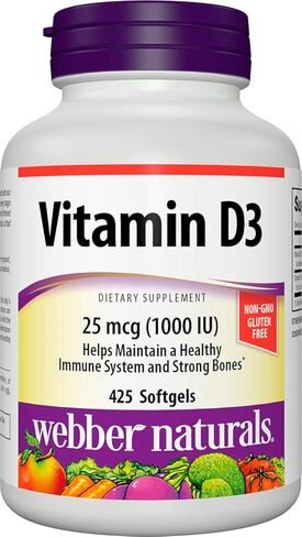 Webber Naturals Vitamin D3 Softgel, 1,000 IU, 425 Count, for Immune Heath and Support for The Development and Maintenance of Bones and Teeth, Non GMO and Gluten Free in Saudi Arabia