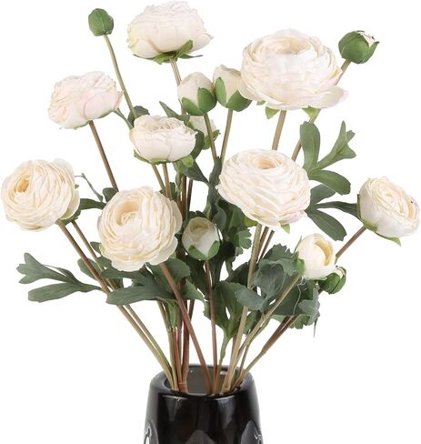 White Artificial Ranunculus Flowers Bouquets,18 Heads Vintage Silk Flowers Buttercup Long Stems Fake flower bouquets Arrangement for Wedding Bride Centerpiece Floral Party Home Office Decor(White) in Saudi Arabia