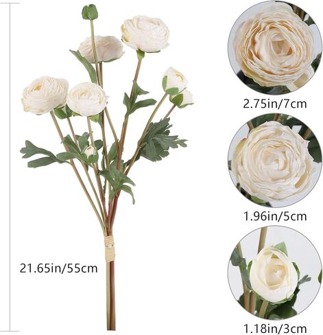White Artificial Ranunculus Flowers Bouquets,18 Heads Vintage Silk Flowers Buttercup Long Stems Fake flower bouquets Arrangement for Wedding Bride Centerpiece Floral Party Home Office Decor(White) in Saudi Arabia