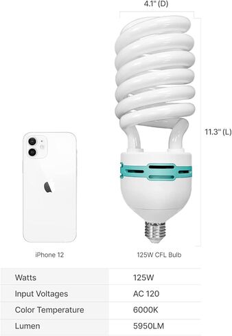 LimoStudio (4 عبوات) مصابيح CFL بقدرة 125 وات، 6000 كلفن، أقصى سطوع 5950 لومن، فلورسنت مدمج كامل الطيف، لون محايد لضوء النهار لإضاءة استوديو الصور والفيديو، AGG3237 in Kuwait