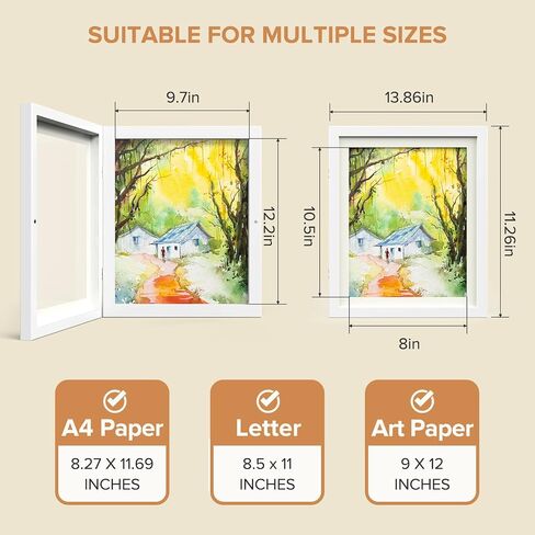 AFEION Kids Art Frames, Kids Artwork Frames Changeable 8 x10.5 with Mat and 9 x12 Without Mat, Black Front Opening Children Picture Storage Frame for Wall Holds 50Pcs Crafts, Drawing, Art Projects in Saudi Arabia