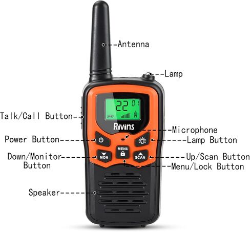 جهاز اتصال لاسلكي RV-7 مع 22 قناة FRS، جهاز اتصال لاسلكي من ريفينز طويل المدى للبالغين مع مصباح يدوي LED وشاشة LCD مسح VOX، جهاز اتصال لاسلكي محمول لرحلة التخييم والمشي لمسافات طويلة (برتقالي 4 عبوات) in Kuwait