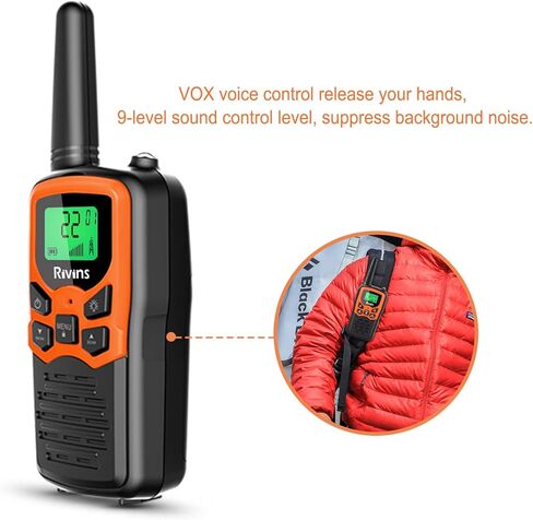 جهاز اتصال لاسلكي RV-7 مع 22 قناة FRS، جهاز اتصال لاسلكي من ريفينز طويل المدى للبالغين مع مصباح يدوي LED وشاشة LCD مسح VOX، جهاز اتصال لاسلكي محمول لرحلة التخييم والمشي لمسافات طويلة (برتقالي 4 عبوات) in Kuwait