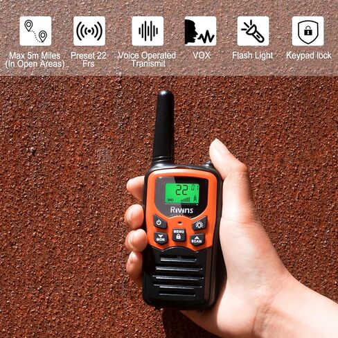 جهاز اتصال لاسلكي RV-7 مع 22 قناة FRS، جهاز اتصال لاسلكي من ريفينز طويل المدى للبالغين مع مصباح يدوي LED وشاشة LCD مسح VOX، جهاز اتصال لاسلكي محمول لرحلة التخييم والمشي لمسافات طويلة (برتقالي 4 عبوات) in Kuwait