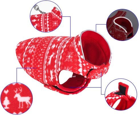 Mogoko Christmas Reversible Dog Sweater Safety Reflective Cat Cold Weather Coats Pet Jacket with Harness/Leash Hole for Puppy Small Dog Cat Red in Saudi Arabia