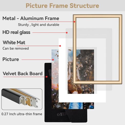 11x14 Picture Frame Set of 2, Brass Metal Photo Frames with HD Glass, Fits 8x10 with Mat or 11x14 without Mat, Wall Hanging and Table Display, 2 Pack in Saudi Arabia
