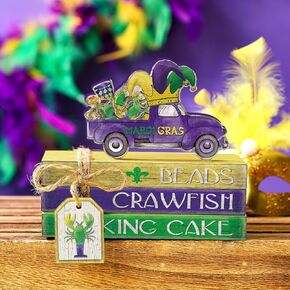 Menkxi 4 Pieces Mardi Gras Tiered Tray Decor Wooden Truck Mask Celebration Farmhouse Table Shelf Decorations Mini Mardi Gras Decorations Book Decor Rustic Decor Sign for Mardi Gras Holiday (Truck)