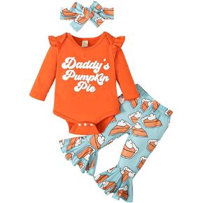 Baby Girl Thanksgiving Outfit Pumpkin Pie Romper+Flare Pants Newborn Girl Turkey Day Clothes 0-18 Months in Saudi Arabia