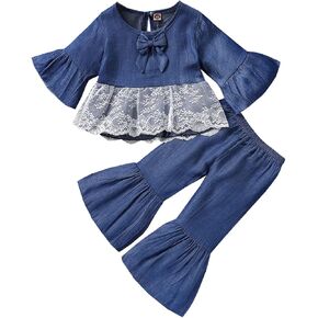 NANYKNIGHTY Toddler Baby Girl Outfit Infant Girl Solid Clothes Lace Top Flare Pant Bell-bottoms 2Pcs