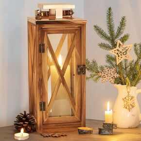 XRKITE Wooden Candle Lantern Decorative, Patio Decor with Stainless Top and Glass, Hurricane Lantern Holder Decor for Indoor Outdoor, Home, Garden, Wedding in Saudi Arabia