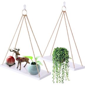 WoodLiving Boho Wall Hanging Shelves- Wood Hanging Shelf for Wall, Wall Mounted Plant Shelve Set of 2 - Farmhouse Rustic Floating Shelving - Used for Bedroom, Entryway Wall Decor in Saudi Arabia