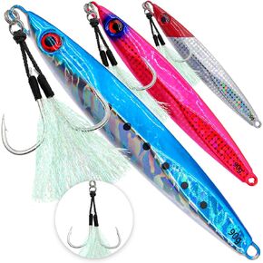 Gefischtter 3pcs Fishing Jigs Vertical Saltwater Jigs Metal Fishing Spoon Lure Fast Sinking Jigging Slow Jigging Pitching Artificial Deep Sea Glow Lead Jigs with Assist Hooks for Tuna,Bass,Dogtooth,Grouper