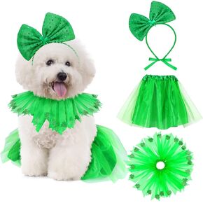 Weewooday 3 Pieces St. Patrick's Day Dog Costume Mardi Gras Girl Dog Tutu Skirt and Bowtie Headband Fancy Collar for Small Dog Costume Decorations Supplies, Green in Kuwait