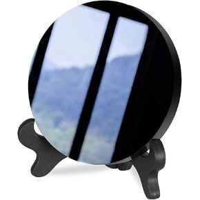 Black Obsidian Scrying Mirror, Natural Black Obsidian Circle Disc Feng Shui Mirror with Stand, Home Desk Decor Crafts (8cm) in Kuwait
