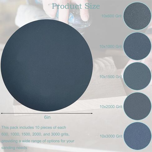 50 PCS 6 Inch Silicon Carbide Sanding Disc -10 Each of 600, 1000, 1500, 2000, 3000 Grits, 6" Hook & Loop Backing Wet or Dry Sander Paper Sander Polishing for Automotive Woodworking DA Orbital Sander in Kuwait