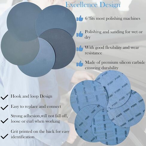 50 PCS 6 Inch Silicon Carbide Sanding Disc -10 Each of 600, 1000, 1500, 2000, 3000 Grits, 6" Hook & Loop Backing Wet or Dry Sander Paper Sander Polishing for Automotive Woodworking DA Orbital Sander in Kuwait