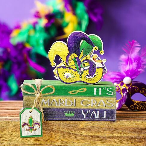 Menkxi 4 Pieces Mardi Gras Tiered Tray Decor Wooden Truck Mask Celebration Farmhouse Table Shelf Decorations Mini Mardi Gras Decorations Book Decor Rustic Decor Sign for Mardi Gras Holiday (Truck) in Kuwait