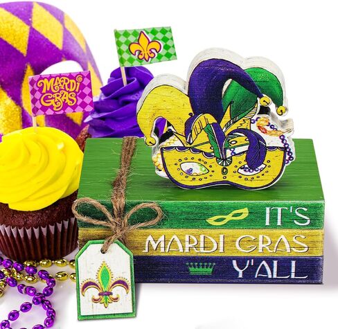 Menkxi 4 Pieces Mardi Gras Tiered Tray Decor Wooden Truck Mask Celebration Farmhouse Table Shelf Decorations Mini Mardi Gras Decorations Book Decor Rustic Decor Sign for Mardi Gras Holiday (Truck) in Kuwait