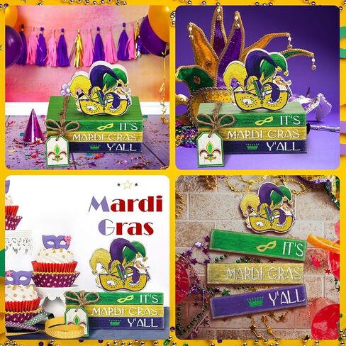 Menkxi 4 Pieces Mardi Gras Tiered Tray Decor Wooden Truck Mask Celebration Farmhouse Table Shelf Decorations Mini Mardi Gras Decorations Book Decor Rustic Decor Sign for Mardi Gras Holiday (Truck) in Kuwait