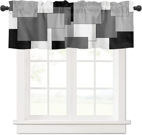 Valances for Windows White Grey Black Abstract Geometric Kitchen Valances for Windows Decorative Rod Pocket Short Window Valance Curtains,Semi Sheer Valance for Kitchen Bathroom 54" x18" in Saudi Arabia