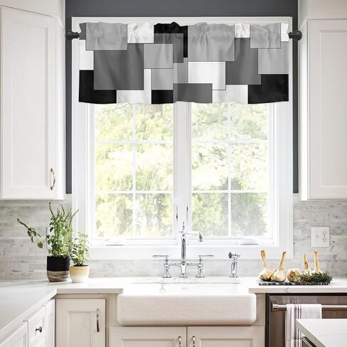 Valances for Windows White Grey Black Abstract Geometric Kitchen Valances for Windows Decorative Rod Pocket Short Window Valance Curtains,Semi Sheer Valance for Kitchen Bathroom 54" x18" in Saudi Arabia