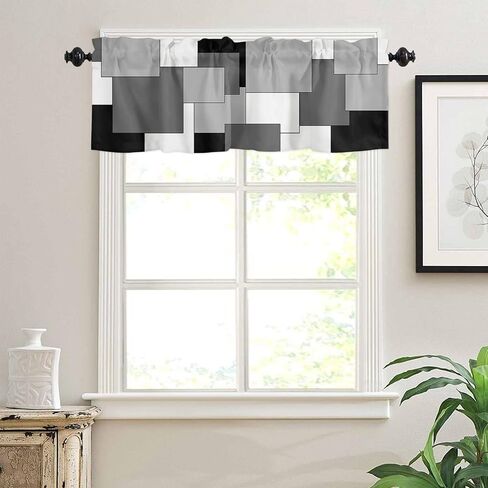 Valances for Windows White Grey Black Abstract Geometric Kitchen Valances for Windows Decorative Rod Pocket Short Window Valance Curtains,Semi Sheer Valance for Kitchen Bathroom 54" x18" in Saudi Arabia