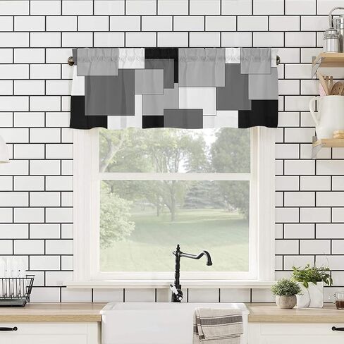 Valances for Windows White Grey Black Abstract Geometric Kitchen Valances for Windows Decorative Rod Pocket Short Window Valance Curtains,Semi Sheer Valance for Kitchen Bathroom 54" x18" in Saudi Arabia