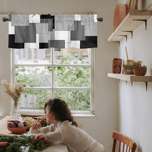 Valances for Windows White Grey Black Abstract Geometric Kitchen Valances for Windows Decorative Rod Pocket Short Window Valance Curtains,Semi Sheer Valance for Kitchen Bathroom 54" x18" in Saudi Arabia